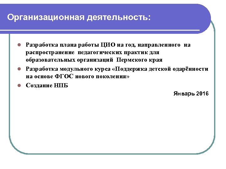 Организационная деятельность: Разработка плана работы ЦИО на год, направленного на распространение педагогических практик для