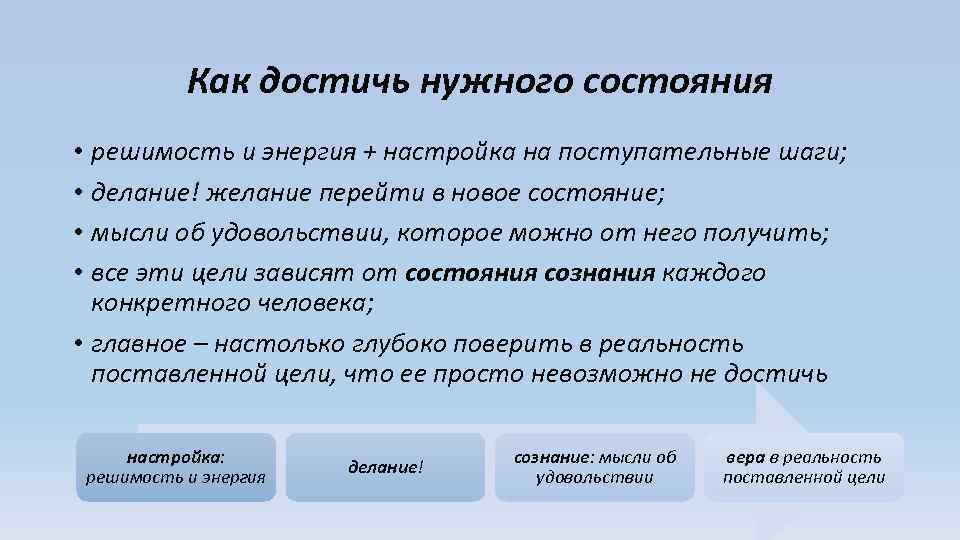 Как достичь нужного состояния • решимость и энергия + настройка на поступательные шаги; •