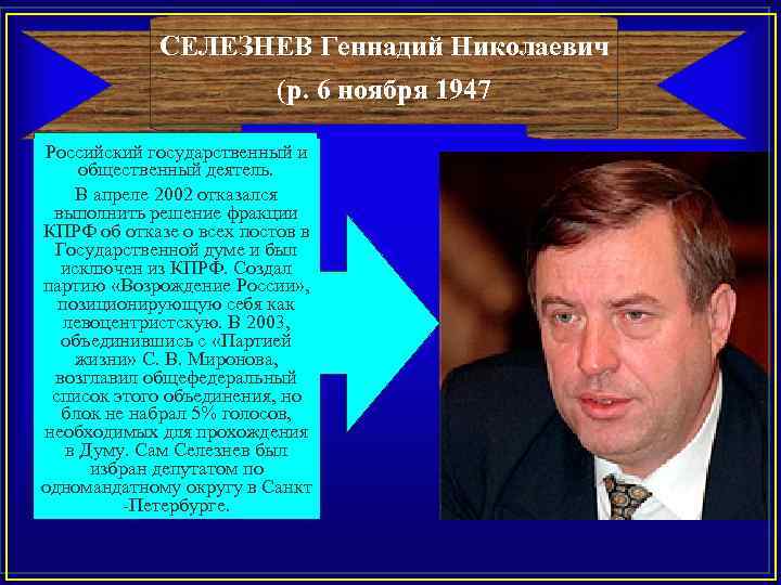 СЕЛЕЗНЕВ Геннадий Николаевич (р. 6 ноября 1947 Российский государственный и общественный деятель. В апреле