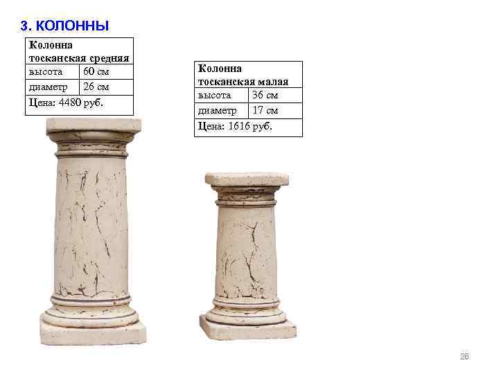 3. КОЛОННЫ Колонна тосканская средняя высота 60 см диаметр 26 см Цена: 4480 руб.