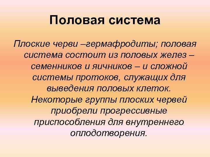 Половая система Плоские черви –гермафродиты; половая система состоит из половых желез – семенников и