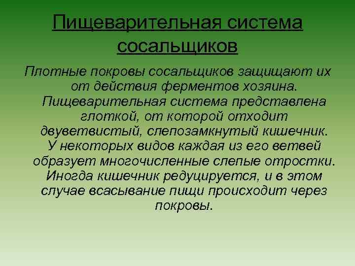 Пищеварительная система сосальщиков Плотные покровы сосальщиков защищают их от действия ферментов хозяина. Пищеварительная система