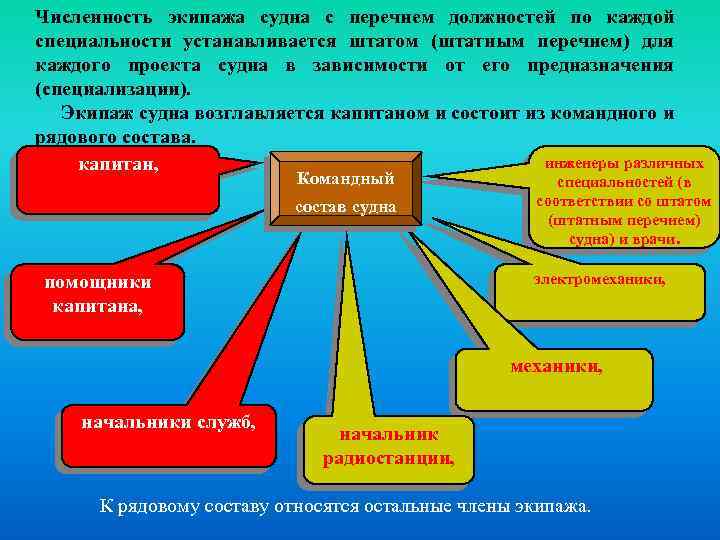 Численность экипажа судна с перечнем должностей по каждой специальности устанавливается штатом (штатным перечнем) для