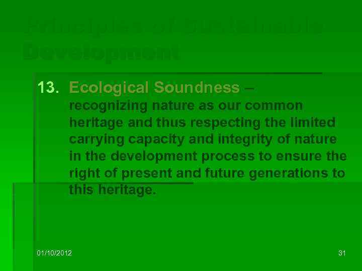 Principles of Sustainable Development 13. Ecological Soundness – recognizing nature as our common heritage