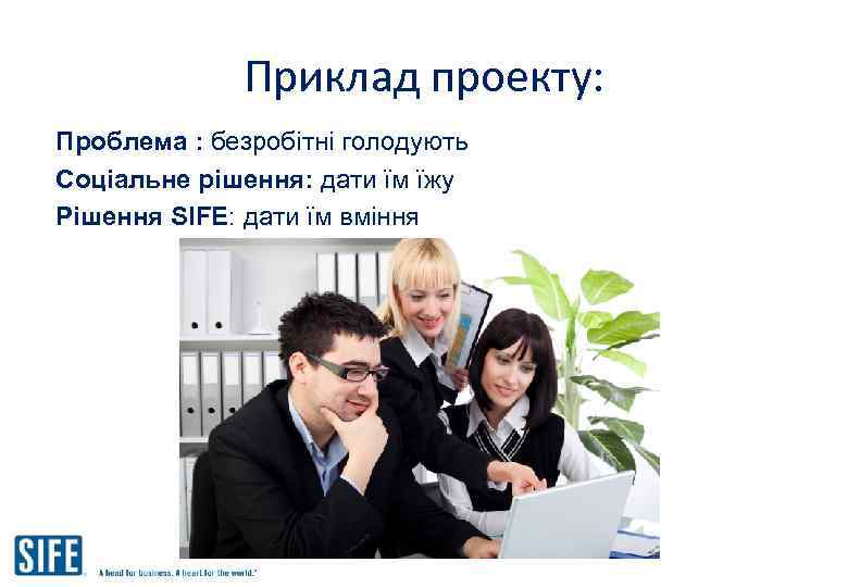 Приклад проекту: Проблема : безробітні голодують Соціальне рішення: дати їм їжу Рішення SIFE: дати