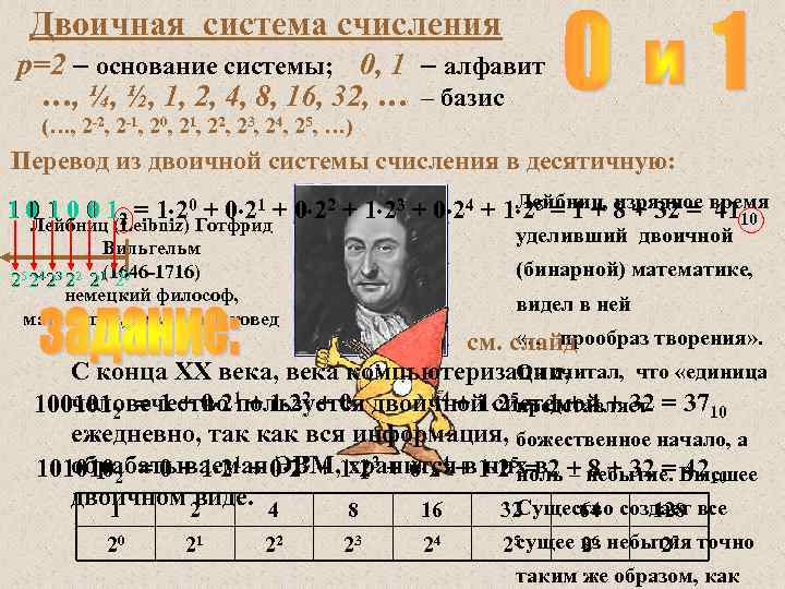 Двоичная система счисления p=2 – основание системы; 0, 1 – алфавит …, ¼, ½,