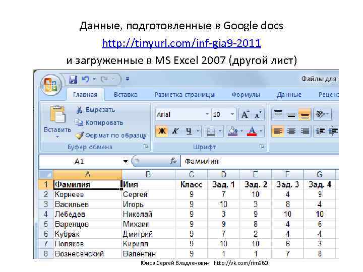 Данные, подготовленные в Google docs http: //tinyurl. com/inf-gia 9 -2011 и загруженные в MS