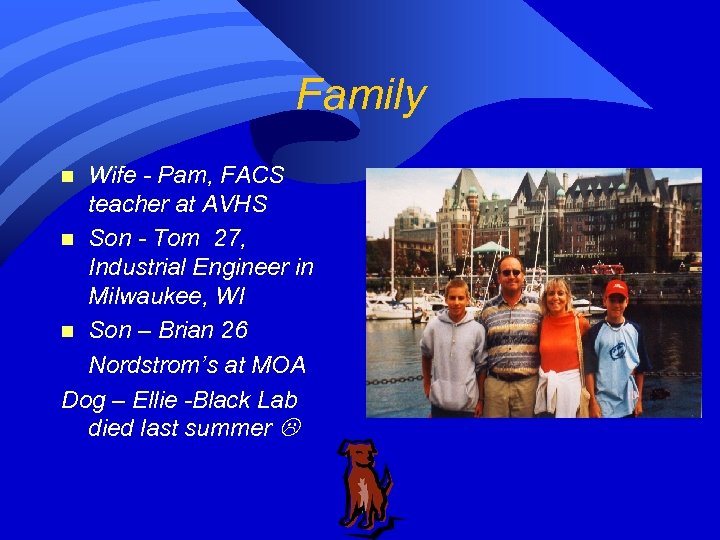 Family Wife - Pam, FACS teacher at AVHS n Son - Tom 27, Industrial