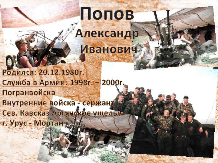 Попов Александр Иванович Родился: 20. 12. 1980 г. Служба в Армии: 1998 г. –