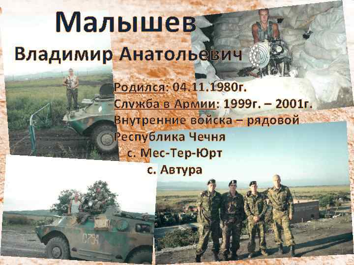 Малышев Владимир Анатольевич Родился: 04. 11. 1980 г. Служба в Армии: 1999 г. –