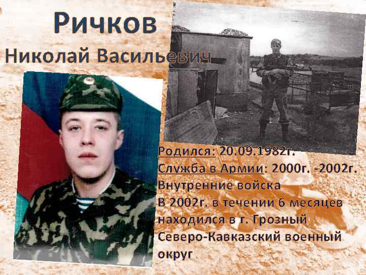 Ричков Николай Васильевич Родился: 20. 09. 1982 г. Служба в Армии: 2000 г. -2002