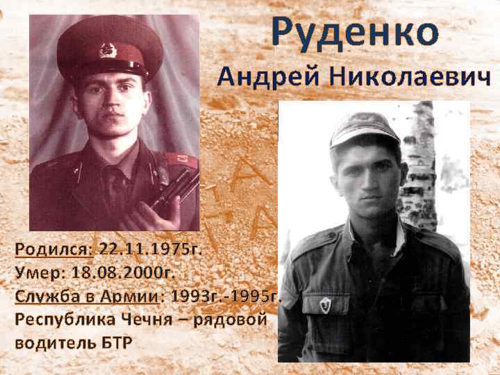 Руденко Андрей Николаевич Родился: 22. 11. 1975 г. Умер: 18. 08. 2000 г. Служба