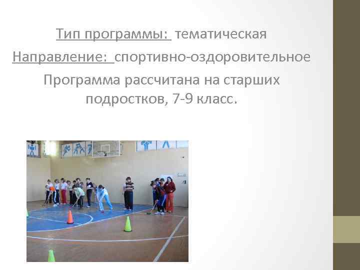 Тип программы: тематическая Направление: спортивно-оздоровительное Программа рассчитана на старших подростков, 7 -9 класс. 