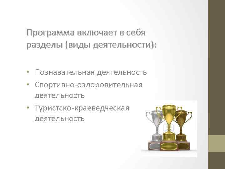 Программа включает в себя разделы (виды деятельности): • Познавательная деятельность • Спортивно-оздоровительная деятельность •