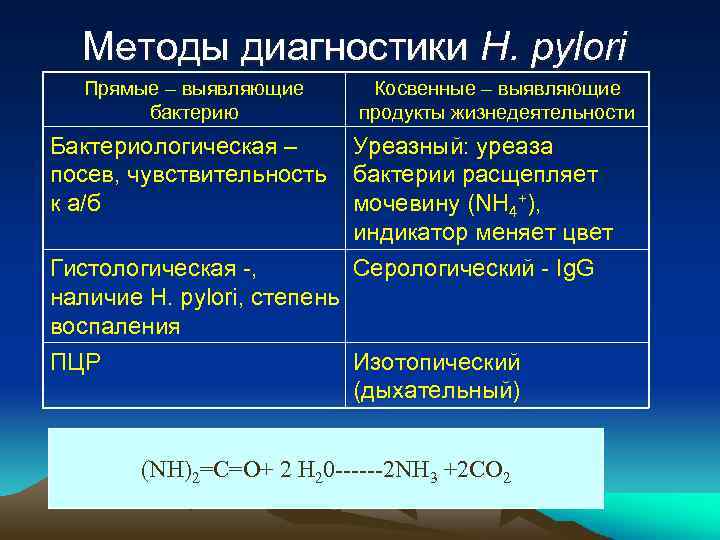 Методы диагностики H. pylori Прямые – выявляющие бактерию Бактериологическая – посев, чувствительность к а/б