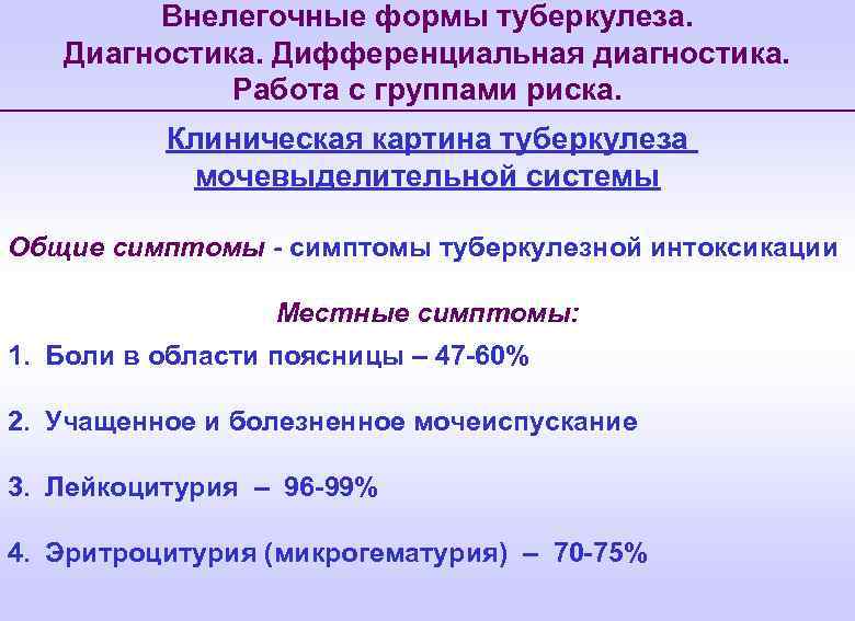 Внелегочные формы туберкулеза. Диагностика. Дифференциальная диагностика. Работа с группами риска. Клиническая картина туберкулеза мочевыделительной