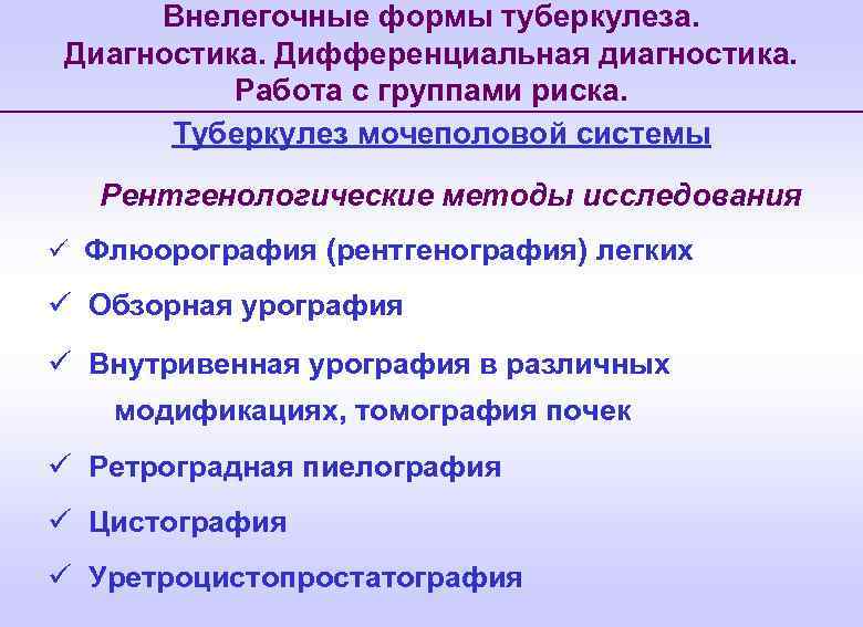 Внелегочные формы туберкулеза. Диагностика. Дифференциальная диагностика. Работа с группами риска. Туберкулез мочеполовой системы Рентгенологические