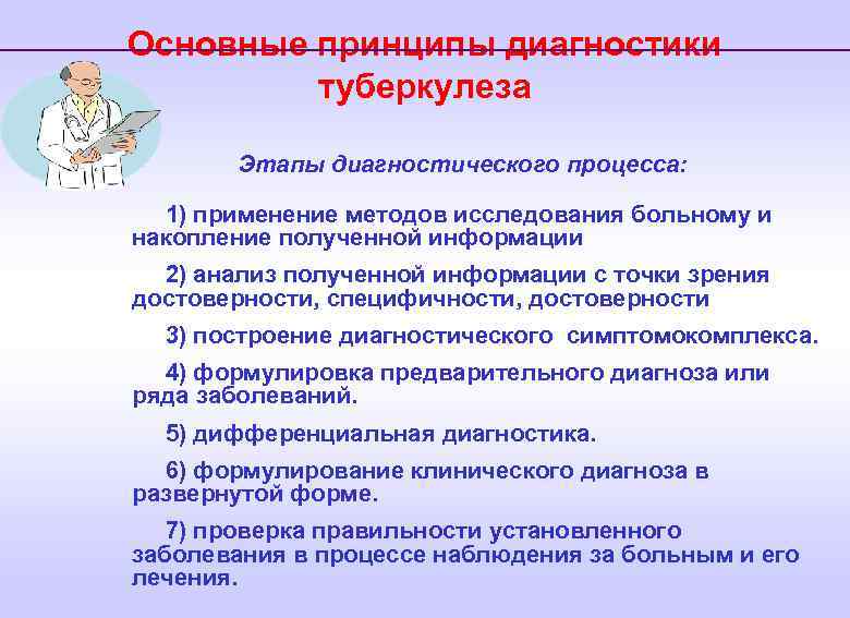 Основные принципы диагностики туберкулеза Этапы диагностического процесса: 1) применение методов исследования больному и накопление