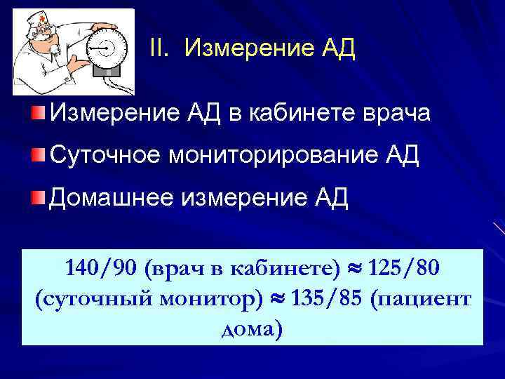 II. Измерение АД в кабинете врача Суточное мониторирование АД Домашнее измерение АД 140/90 (врач