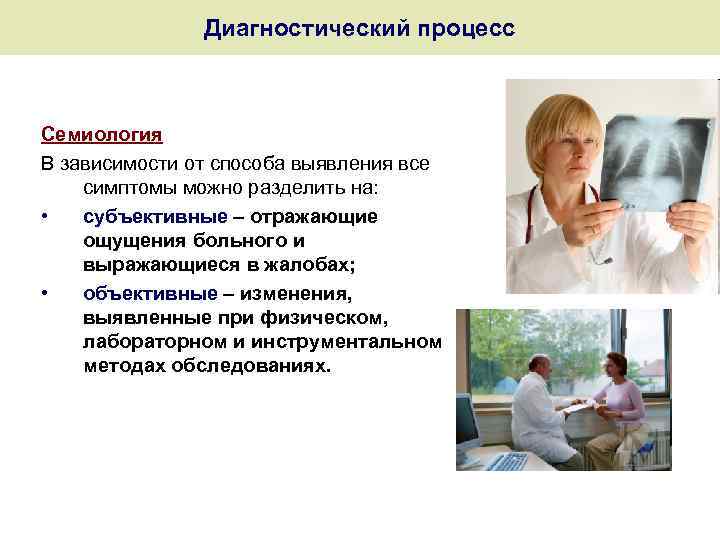 Диагностический процесс Семиология В зависимости от способа выявления все симптомы можно разделить на: •