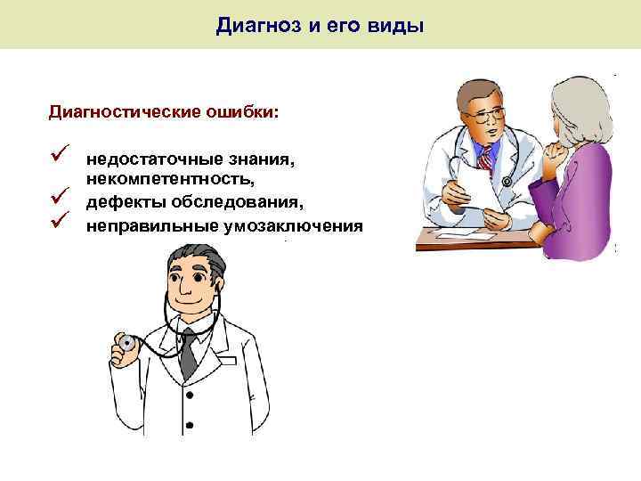 Диагноз и его виды Диагностические ошибки: ü ü ü недостаточные знания, некомпетентность, дефекты обследования,