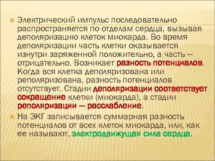 Электрический импульс последовательно распространяется по отделам сердца, вызывая деполяризацию клеток миокарда. Во время деполяризации