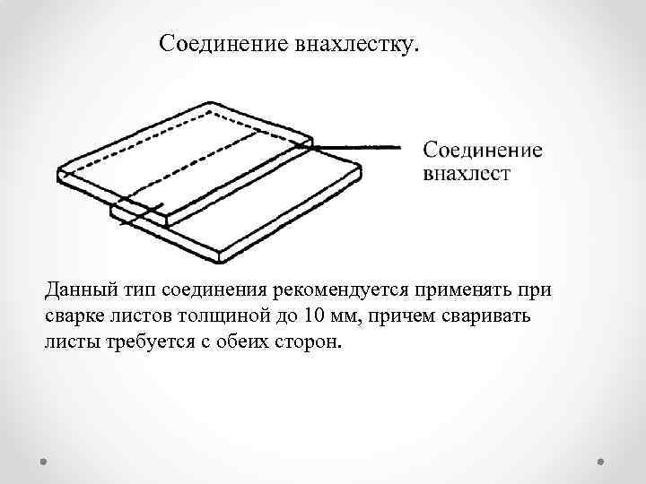 Соединение внахлестку. Данный тип соединения рекомендуется применять при сварке листов толщиной до 10 мм,