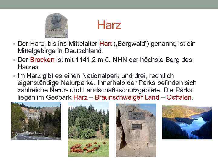 Harz • Der Harz, bis ins Mittelalter Hart (‚Bergwald‘) genannt, ist ein Mittelgebirge in