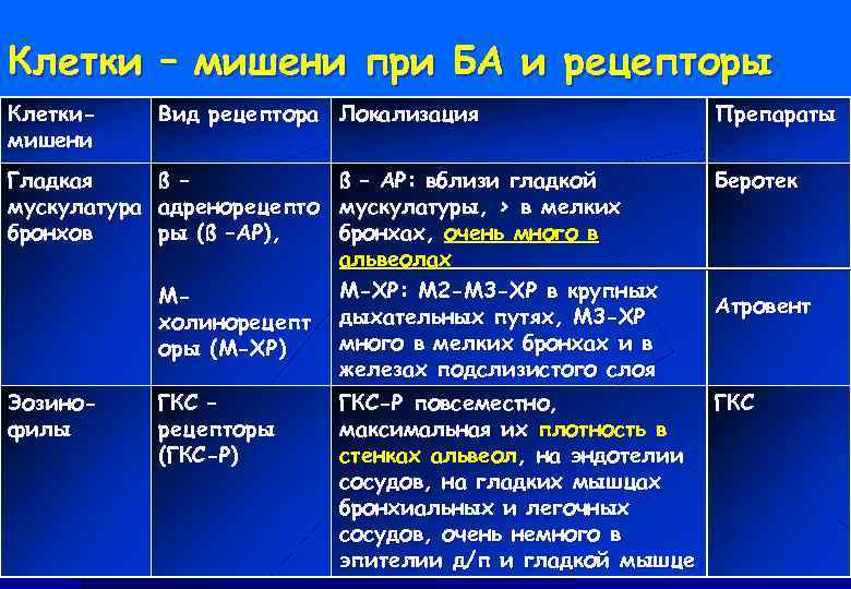 Клетки – мишени при БА и рецепторы Клеткимишени Вид рецептора Локализация Гладкая ß –
