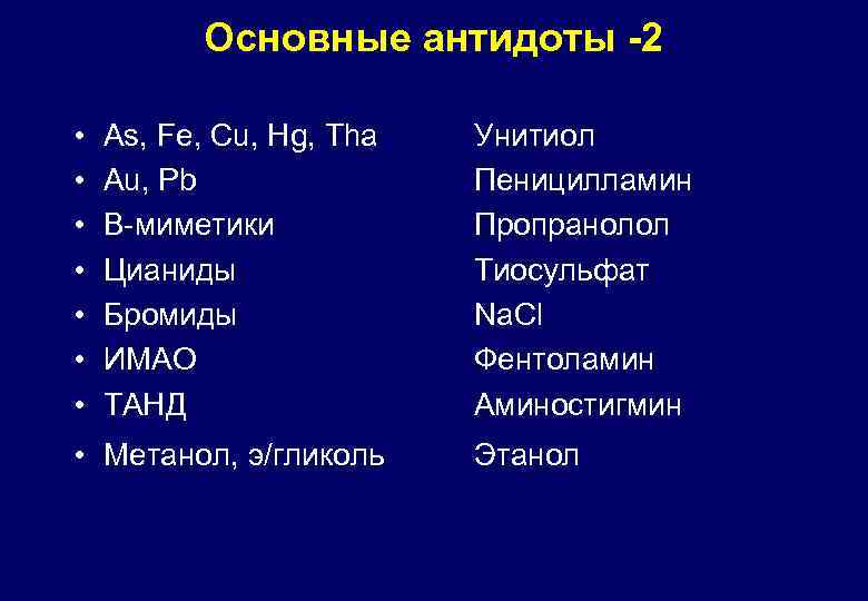 Основные антидоты -2 • • As, Fe, Cu, Hg, Tha Au, Pb В-миметики Цианиды