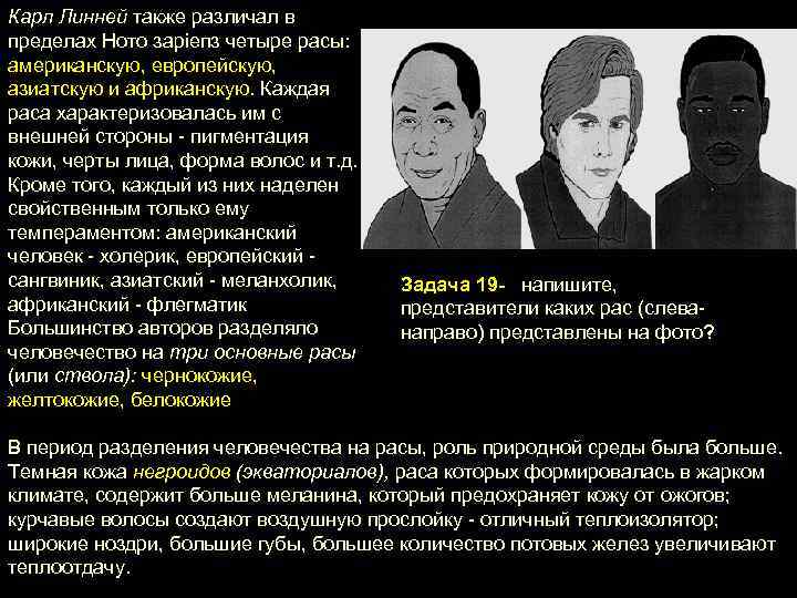 Карл Линней также различал в пределах Ното зарiепз четыре расы: американскую, европейскую, азиатскую и