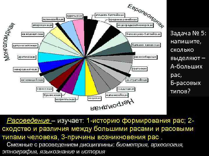 Задача № 5: напишите, сколько выделяют – А-больших рас, Б-расовых типов? Расоведение – изучает: