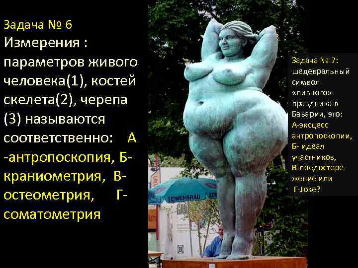 Задача № 6 Измерения : параметров живого человека(1), костей скелета(2), черепа (3) называются соответственно: