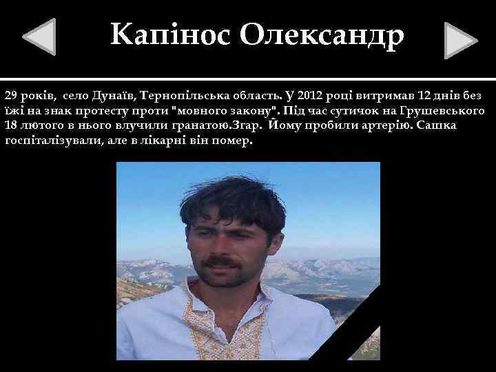 Капінос Олександр 29 років, село Дунаїв, Тернопільська область. У 2012 році витримав 12 днів