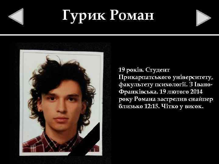 Гурик Роман 19 років. Студент Прикарпатського університету, факультету психології. З Івано. Франківська. 19 лютого