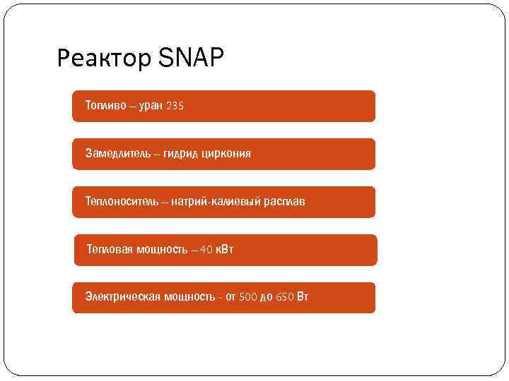 Реактор SNAP Топливо – уран 235 Замедлитель – гидрид циркония Теплоноситель – натрий-калиевый расплав