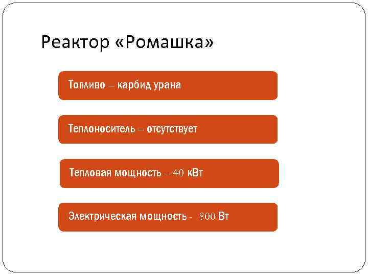 Реактор «Ромашка» Топливо – карбид урана Теплоноситель – отсутствует Тепловая мощность – 40 к.