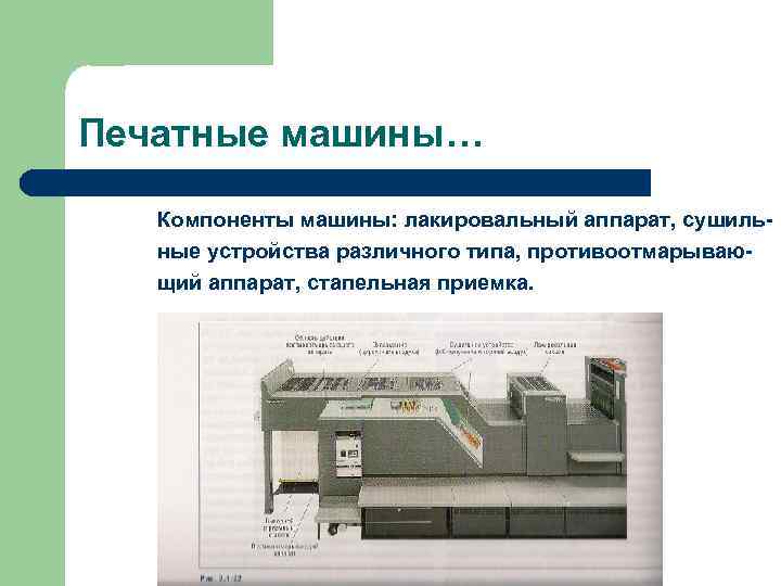 Печатные машины… Компоненты машины: лакировальный аппарат, сушильные устройства различного типа, противоотмарывающий аппарат, стапельная приемка.