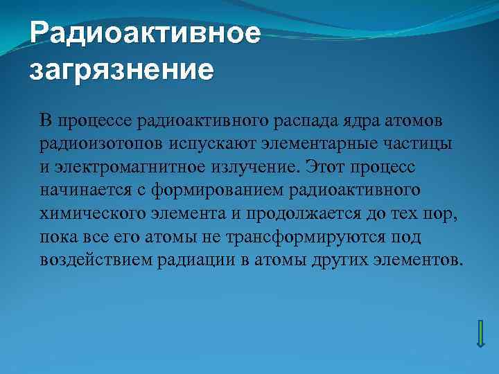 Радиоактивное загрязнение В процессе радиоактивного распада ядра атомов радиоизотопов испускают элементарные частицы и электромагнитное