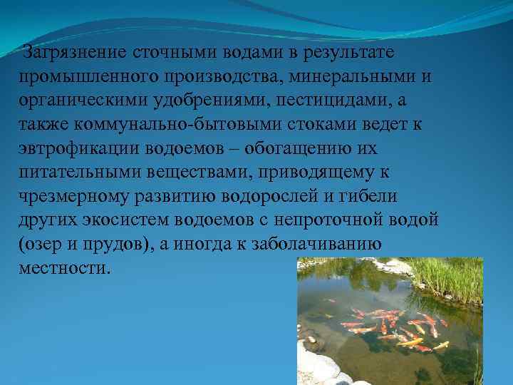 Загрязнение сточными водами в результате промышленного производства, минеральными и органическими удобрениями, пестицидами, а также