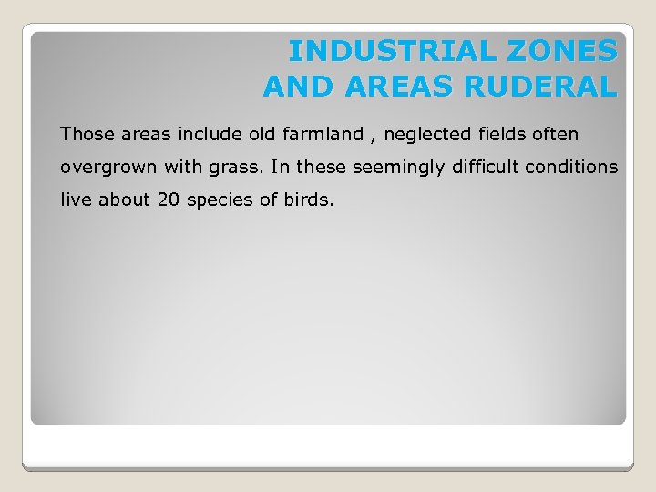 INDUSTRIAL ZONES AND AREAS RUDERAL Those areas include old farmland , neglected fields often