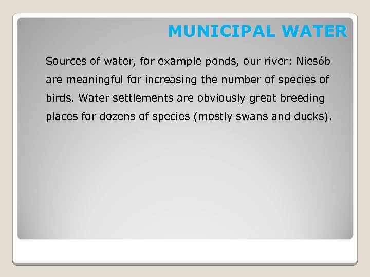 MUNICIPAL WATER Sources of water, for example ponds, our river: Niesób are meaningful for