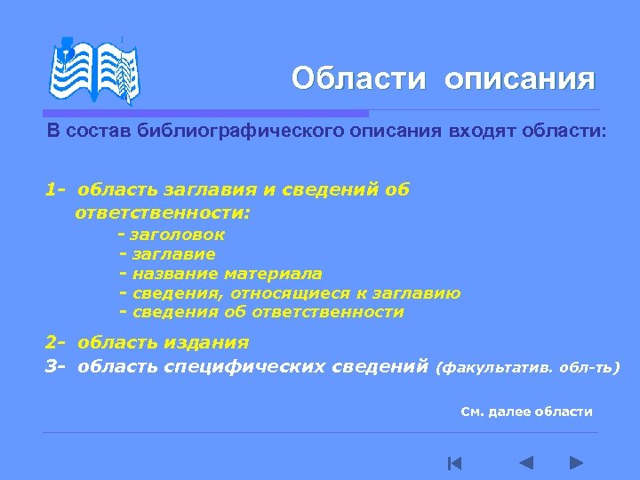 Области описания В состав библиографического описания входят области: 1 - область заглавия и сведений