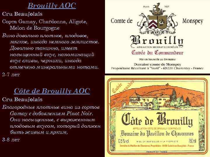 Brouilly AOC Cru Beaujolais Сорта Gamay, Chardonna, Aligote, Melon de Bourgogne Вино довольно плотное,