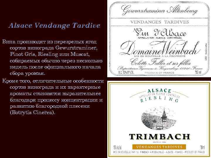 Alsace Vendange Tardive Вина производят из перезрелых ягод сортов винограда Gewurztraminer, Pinot Gris, Riesling