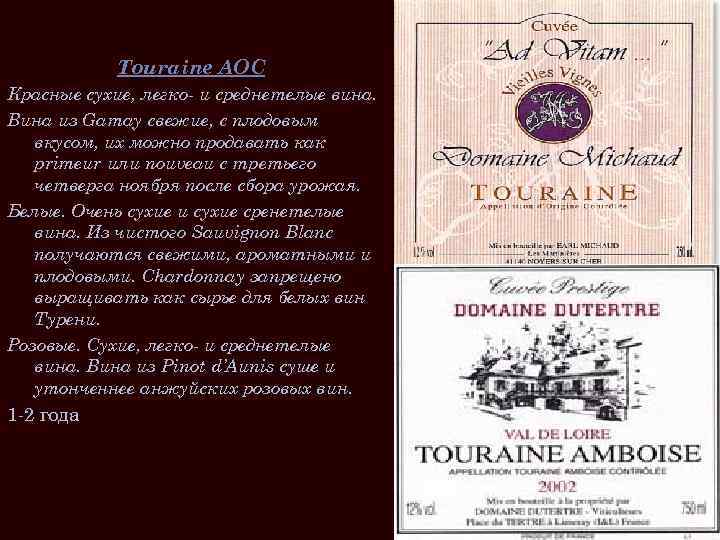 Touraine AOC Красные сухие, легко- и среднетелые вина. Вина из Gamay свежие, с плодовым