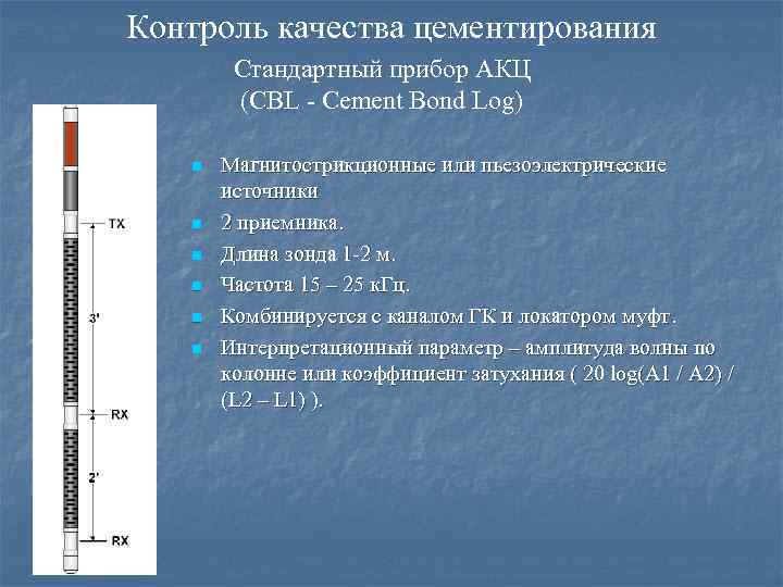 Контроль качества цементирования Стандартный прибор АКЦ (CBL - Cement Bond Log) n n n