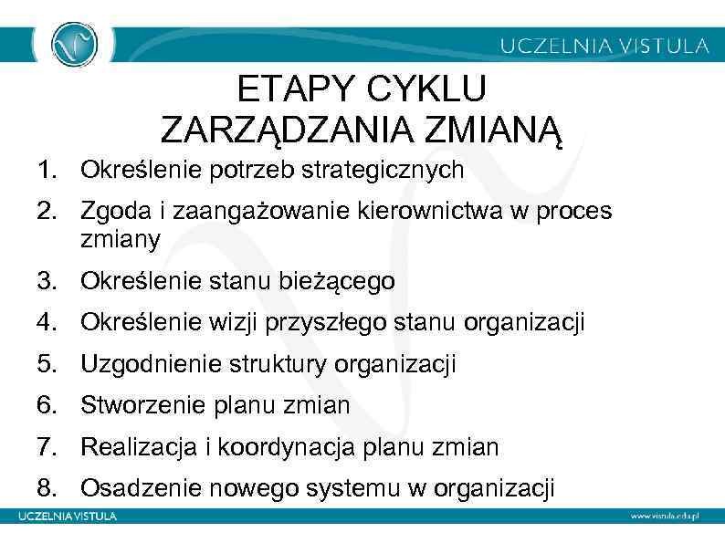 ETAPY CYKLU ZARZĄDZANIA ZMIANĄ 1. Określenie potrzeb strategicznych 2. Zgoda i zaangażowanie kierownictwa w