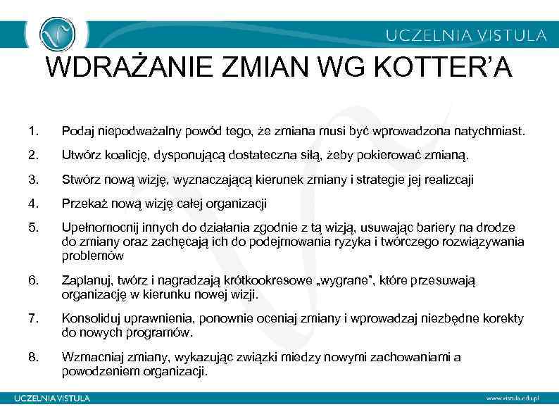 WDRAŻANIE ZMIAN WG KOTTER’A 1. Podaj niepodważalny powód tego, że zmiana musi być wprowadzona