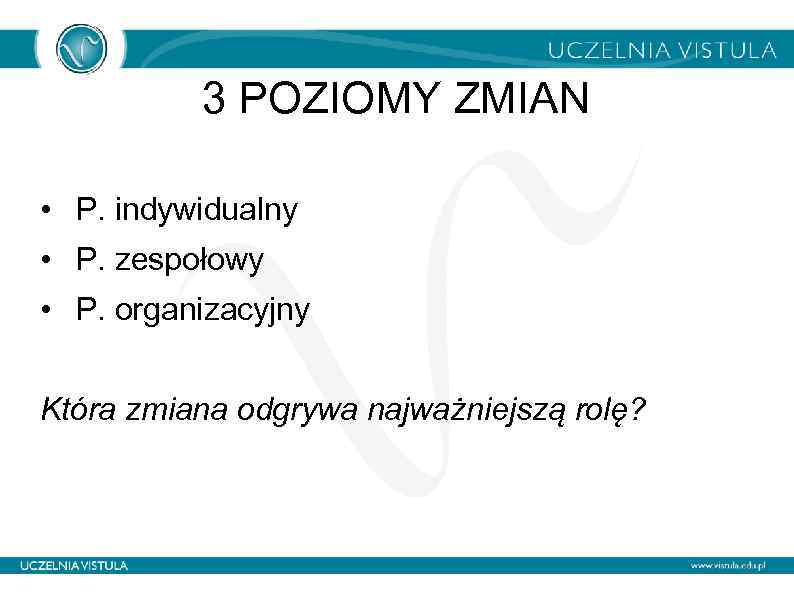 3 POZIOMY ZMIAN • P. indywidualny • P. zespołowy • P. organizacyjny Która zmiana